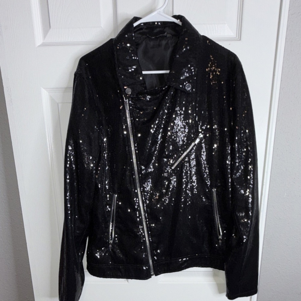 Zara Man Black Sequin Biker Jacket Full Zip Men's Regular Size 42 Short